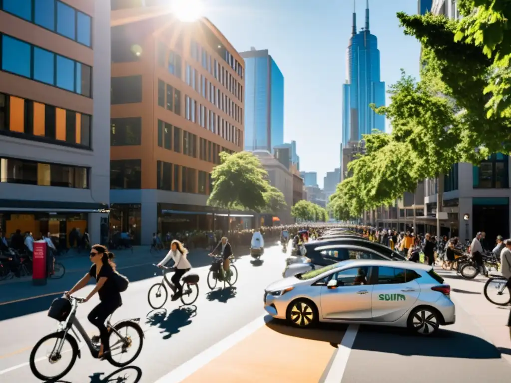 La imagen muestra el impacto del car sharing en el transporte urbano, destacando la diversidad y la dinámica de la vida en la ciudad