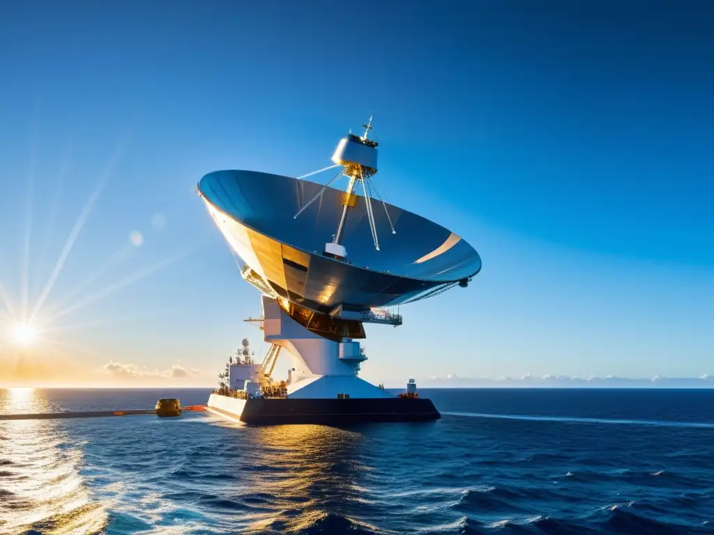 Una imagen impresionante de una antena satelital moderna en un barco tecnológico, reflejando la importancia de la comunicación satelital en alta mar