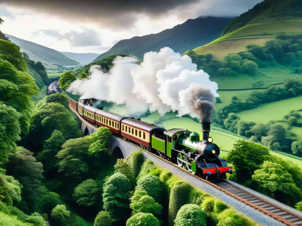 Imagen impresionante de un histórico tren de vapor recorriendo una pintoresca ruta ferroviaria, rodeado de montañas verdes y un cielo dramático