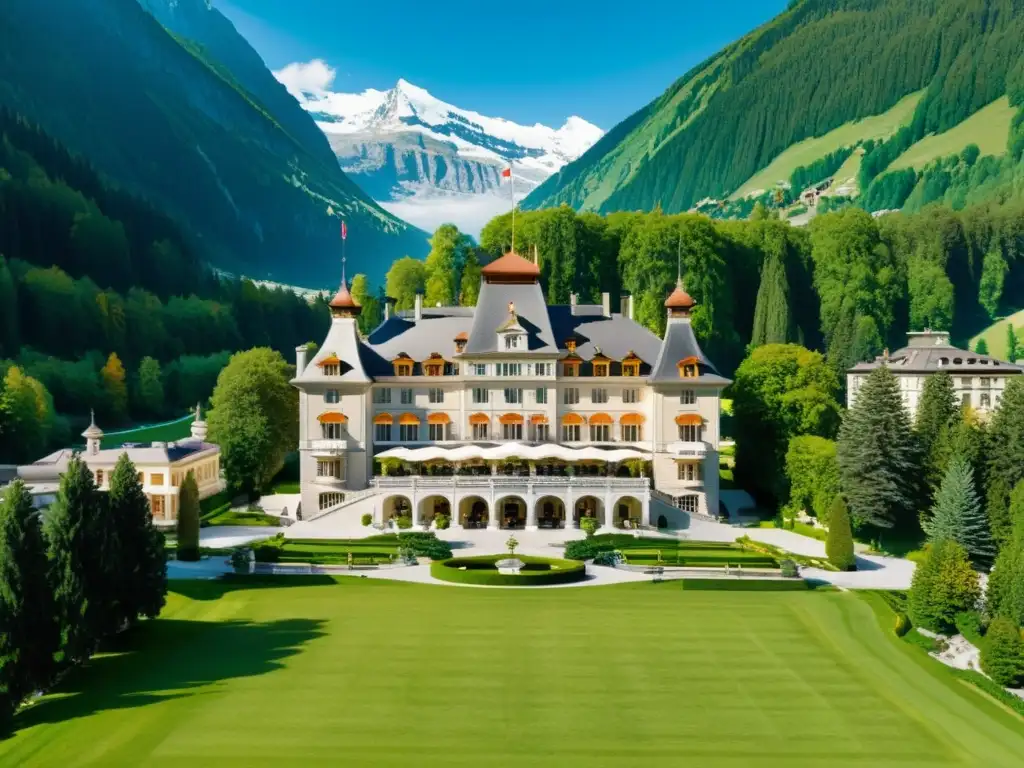 Imagen impresionante del Hotel Grand Kronenhof en Suiza, con arquitectura de la Belle Époque y un paisaje montañoso