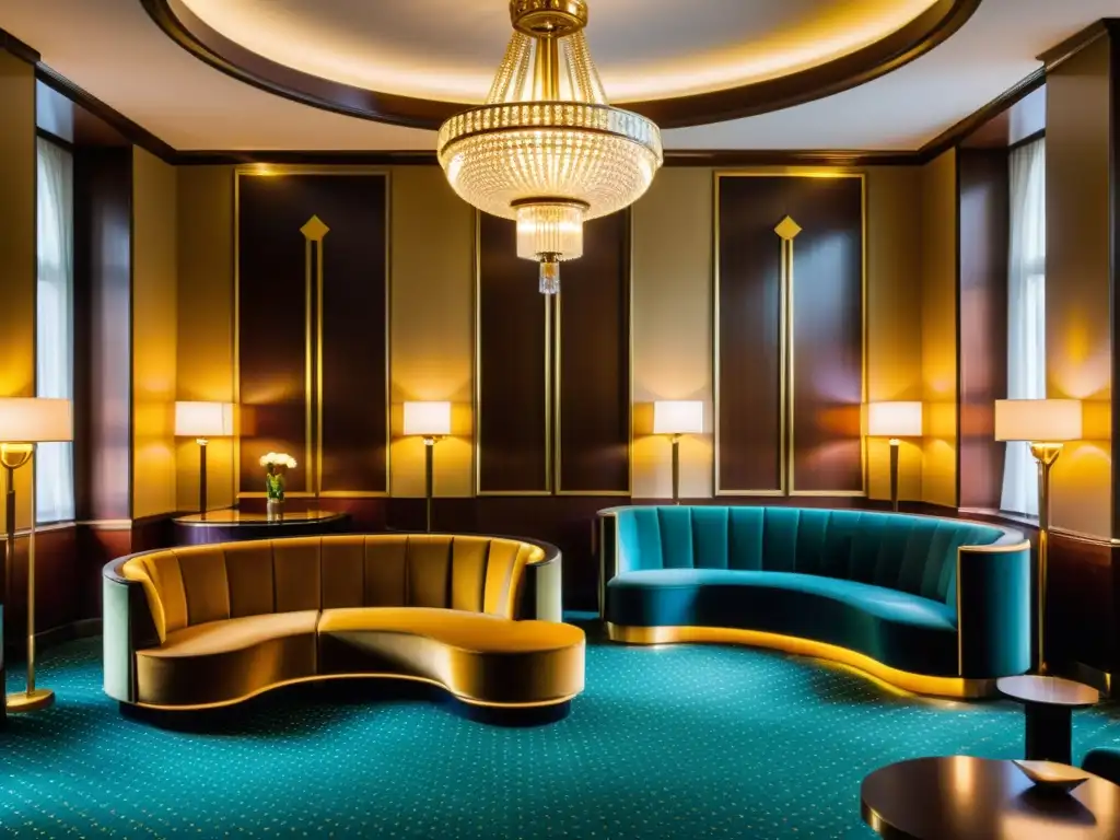 Imagen del lobby Art Deco del Alcron Hotel en Praga, con detalles de la arquitectura y diseño de los años 20