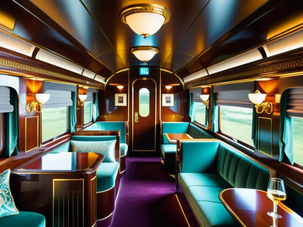 Imagen de un lujoso interior de tren, con decoración opulenta, asientos mullidos y elegante iluminación