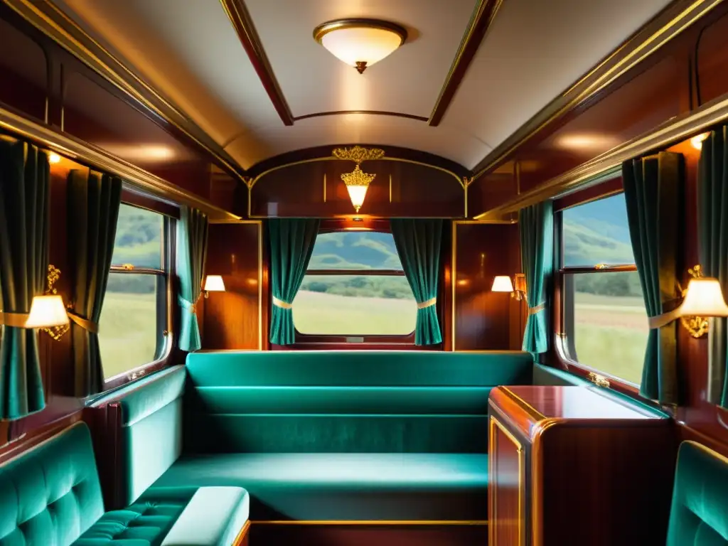 Imagen de un lujoso vagón de tren vintage con detalles opulentos, evocando la elegancia de los medios de transporte históricos innovadores