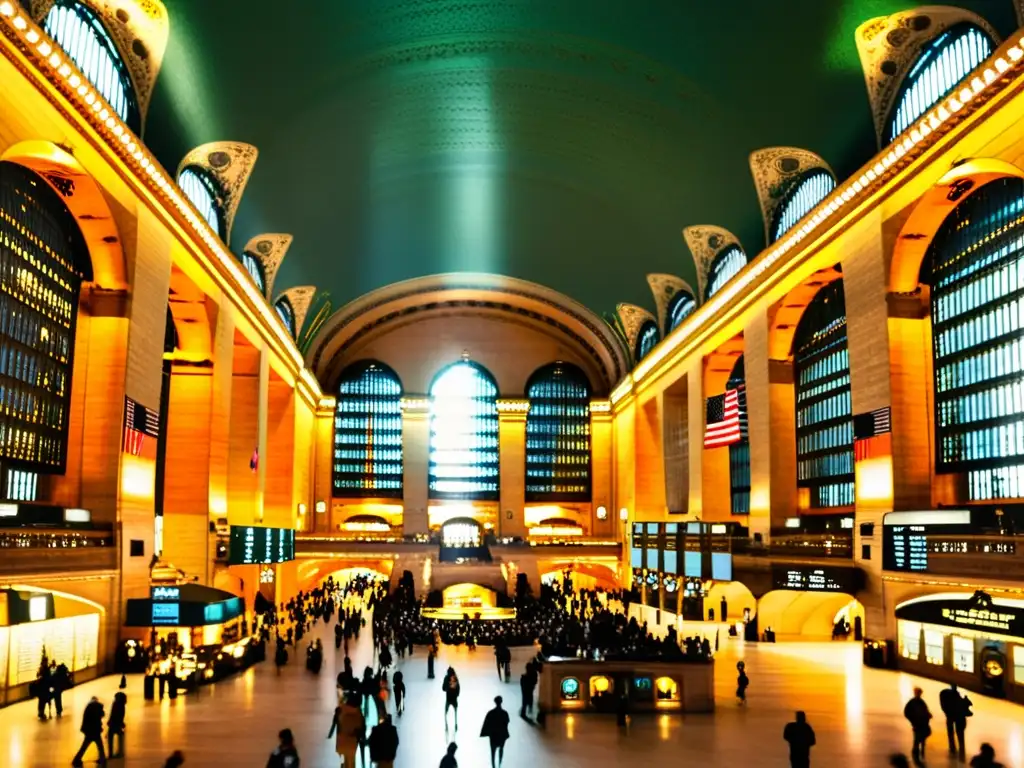 Una imagen de la majestuosa Grand Central Terminal en Nueva York, con detalles arquitectónicos Beaux-Arts y un bullicioso concourse lleno de viajeros