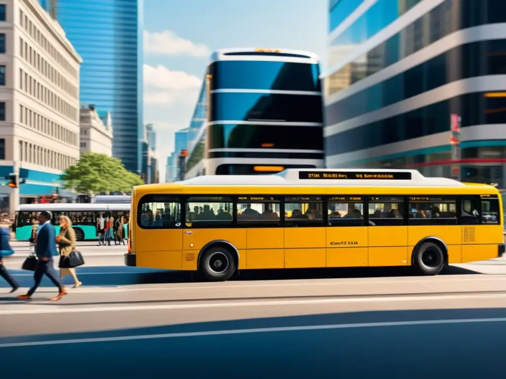 Imagen de la evolución del autobús como medio de transporte, desde modelos clásicos hasta sistemas BRT modernos en una bulliciosa calle urbana