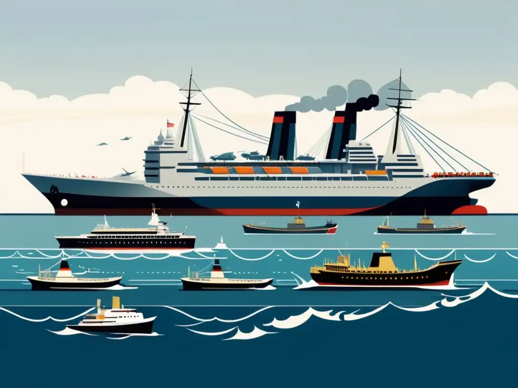 Imagen de la evolución histórica de medios de transporte naval, desde antiguas naves hasta modernos portaaviones, con detalles y colores vibrantes