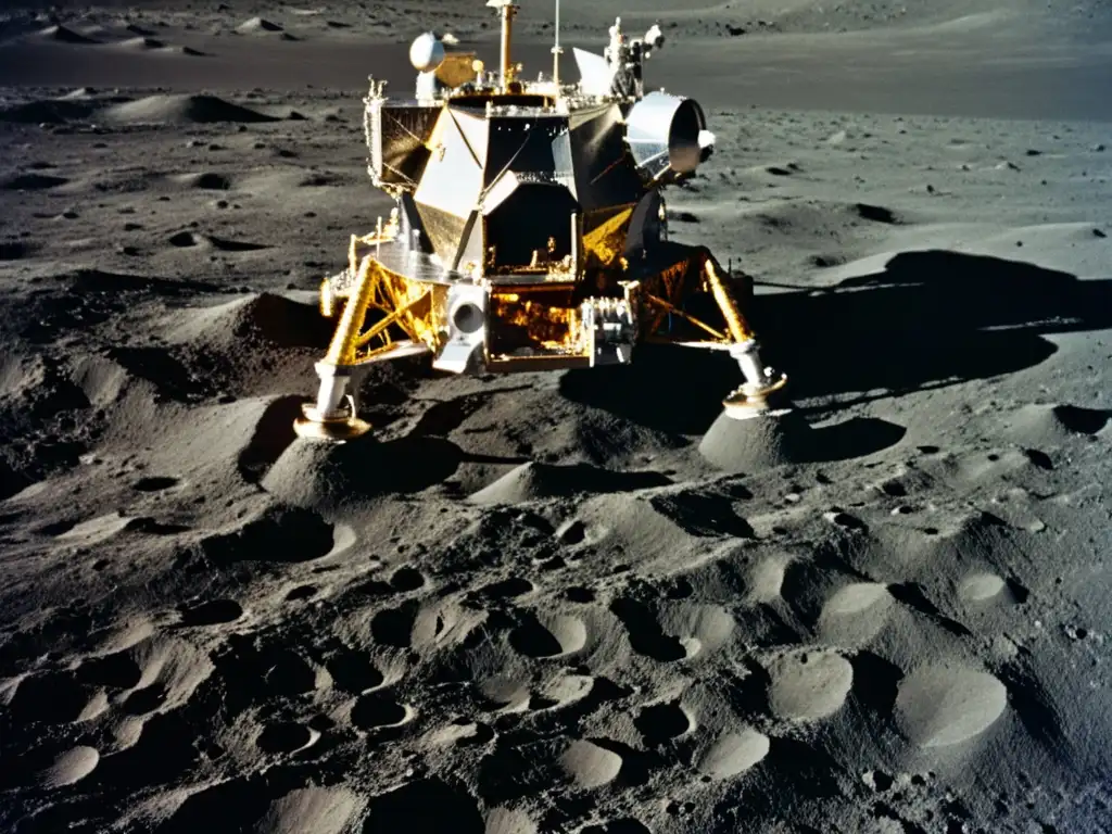 La imagen muestra el módulo lunar de la Apollo 11 en la superficie lunar, con huellas de astronautas y la Tierra en el cielo