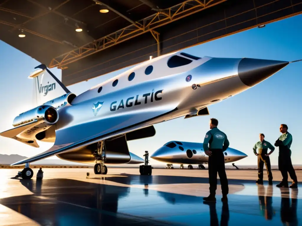 Imagen de la nave espacial de Virgin Galactic en el lanzamiento, con ingenieros y astronautas realizando preparativos finales