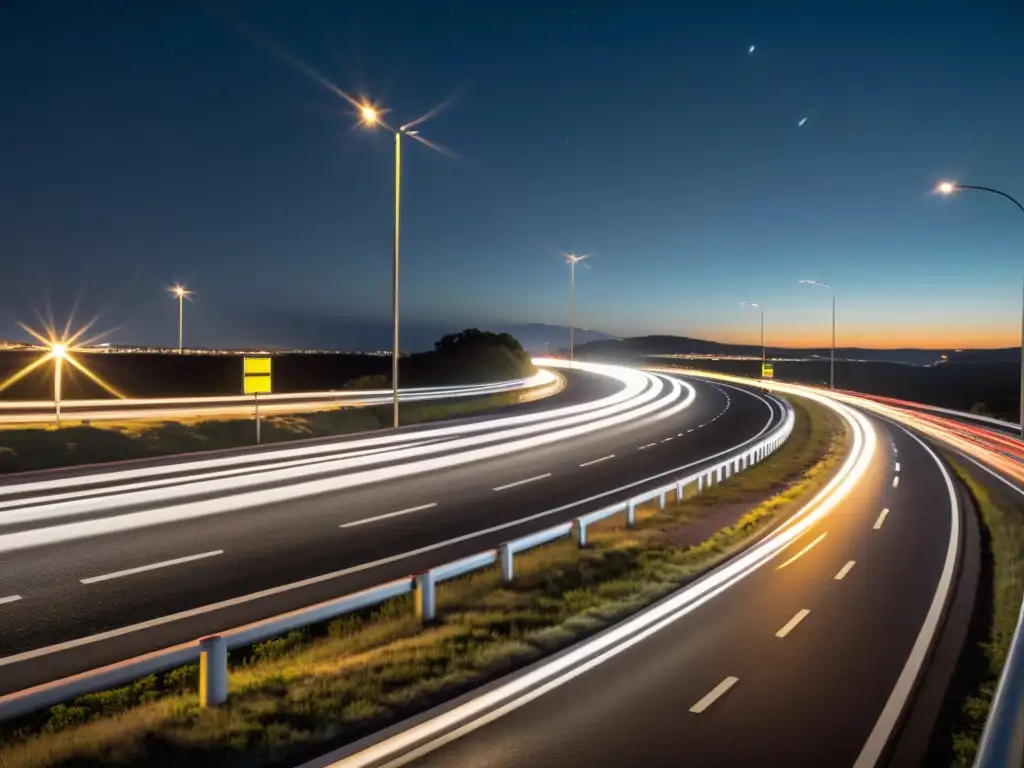 Imagen nocturna de autopista con luces de vehículos, señales de visibilidad y camión con marcas de alta visibilidad