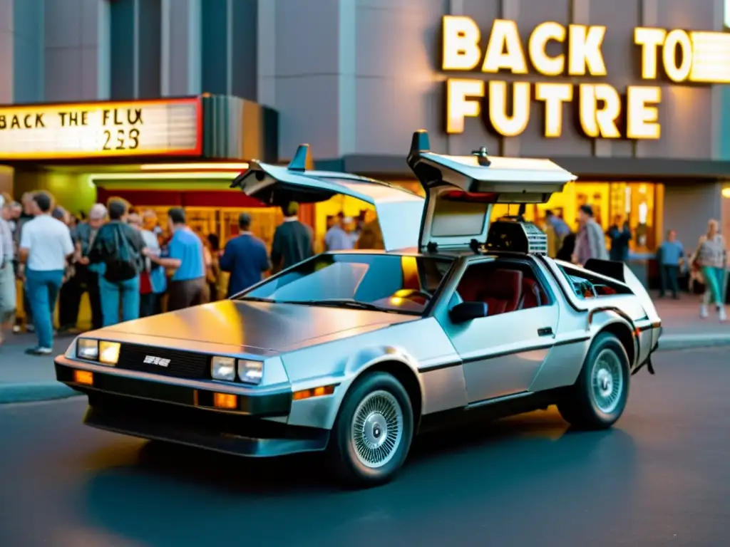 Una imagen nostálgica del icónico DeLorean DMC12 de 'Volver al Futuro' frente a un cine vintage, rodeado de fans entusiastas