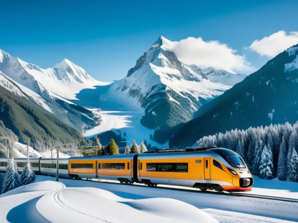 Imagen panorámica de un moderno tren deslizándose por un paisaje alpino nevado, rodeado de pinos y montañas