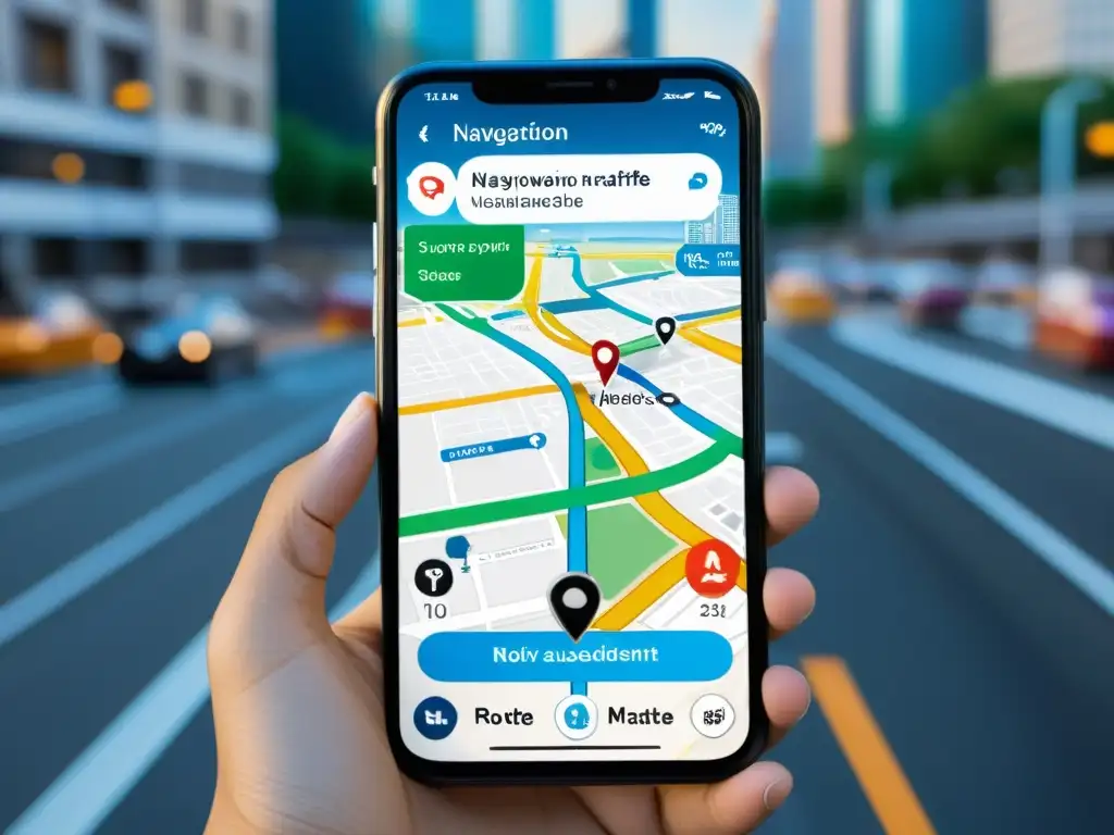 Imagen de alta resolución de pantalla de smartphone mostrando app de navegación con mapa detallado y actualizaciones de tráfico en tiempo real, destacando la integración de inteligencia artificial en apps de navegación