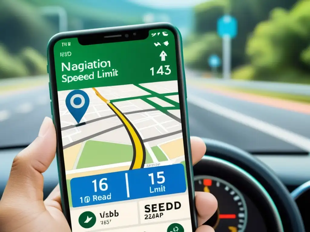 Imagen de pantalla de smartphone con app de navegación mostrando límites de velocidad y mapas detallados para una conducción segura y sofisticada