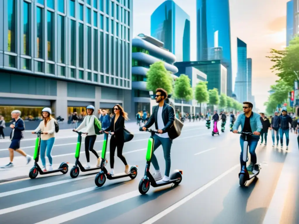 La imagen muestra la evolución de los patinetes eléctricos como transporte personal en una bulliciosa calle urbana llena de energía y progreso