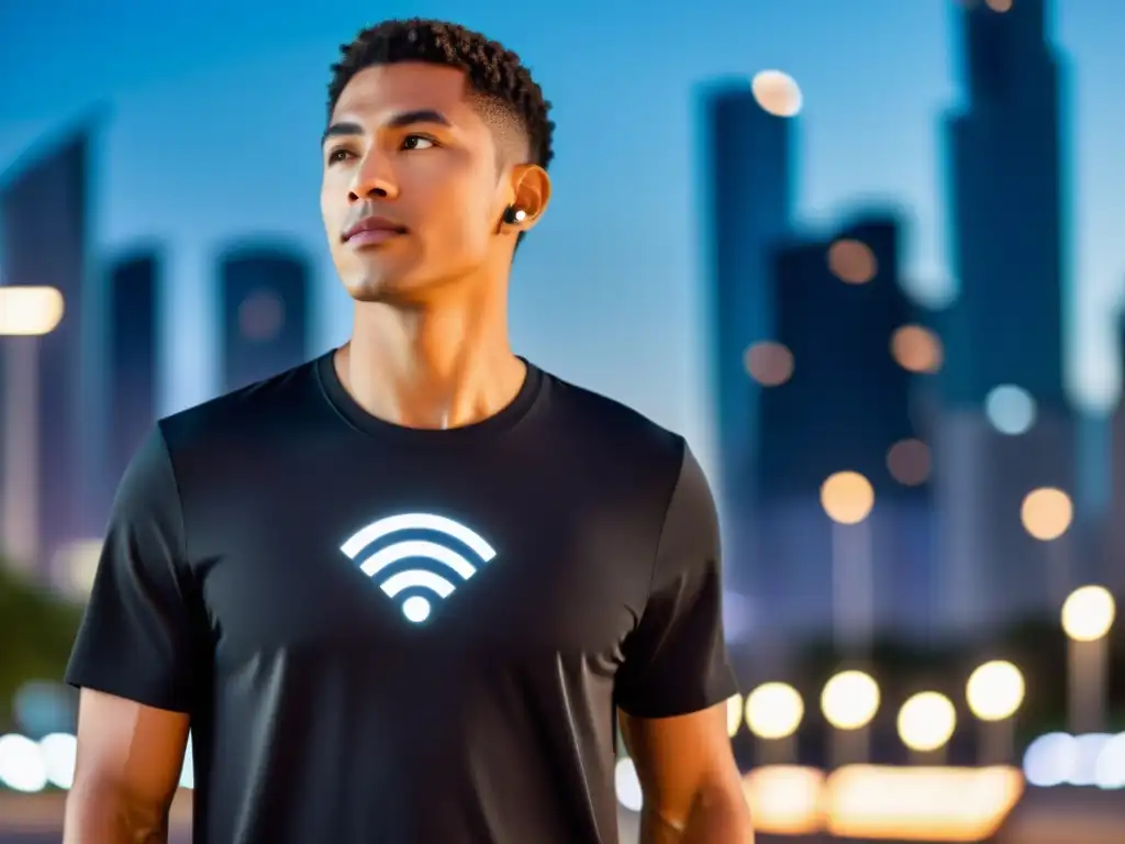 Imagen de una persona con camiseta negra con símbolo WiFi integrado, en un entorno urbano moderno