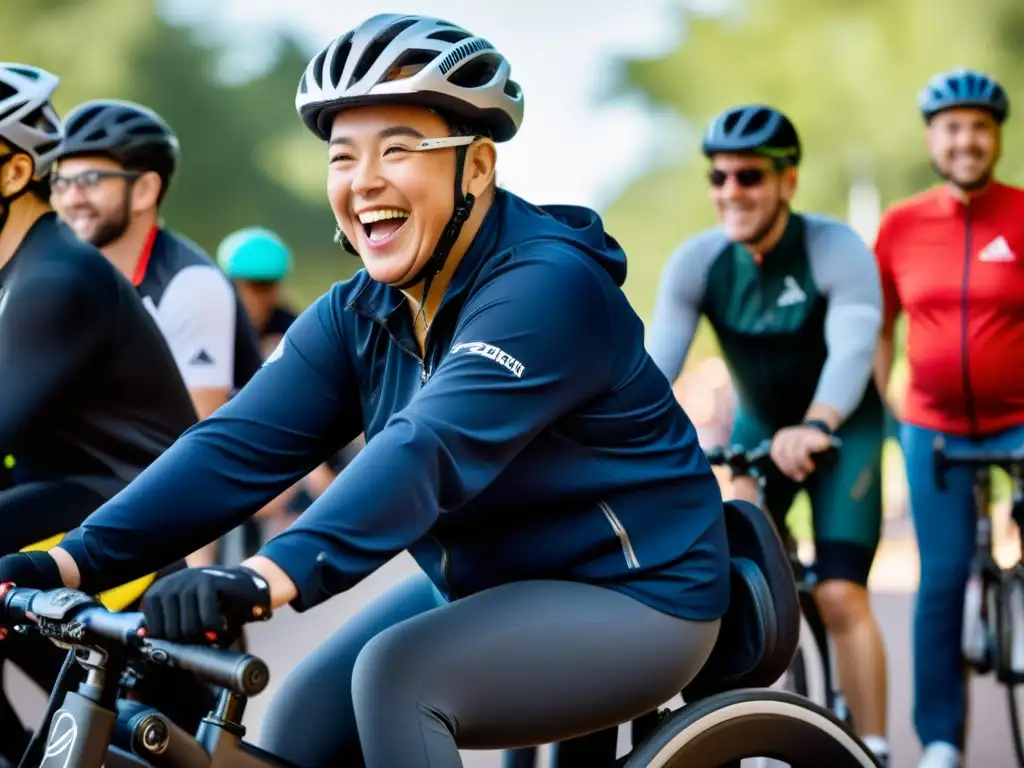 Una imagen muestra a una persona con discapacidad montando una bicicleta adaptada, rodeada de un grupo diverso que la anima