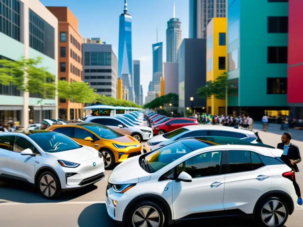 Imagen de la psicología del car sharing: diversidad de vehículos y personas en una bulliciosa calle urbana, reflejando eficiencia y colaboración