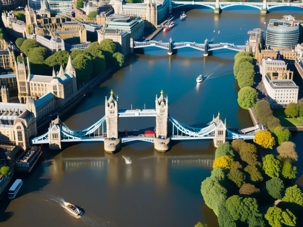 Imagen de la icónica Tower Bridge en Londres, con puentes levadizos y giratorios, destacando su arquitectura gótica y su significado histórico