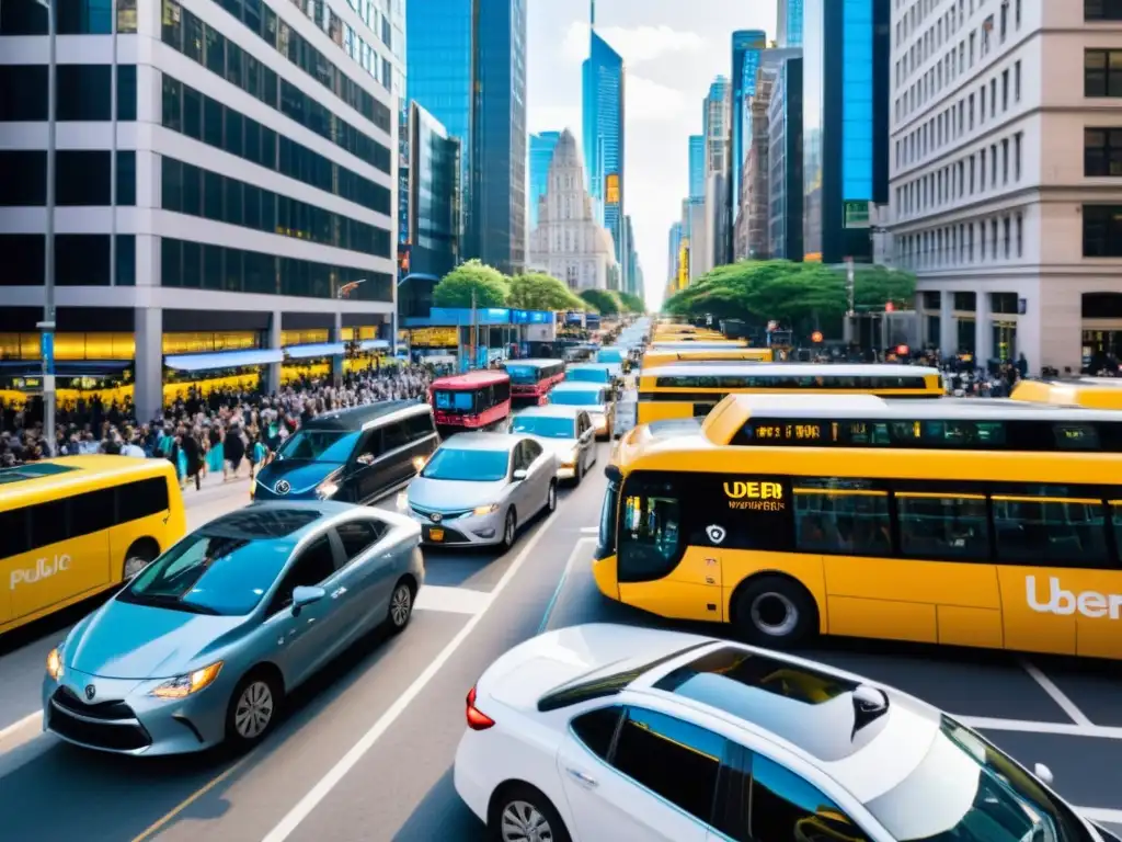 La imagen muestra la relación entre Ride Sharing y transporte público en una bulliciosa calle de la ciudad, con buses, trenes, Uber y Lyft