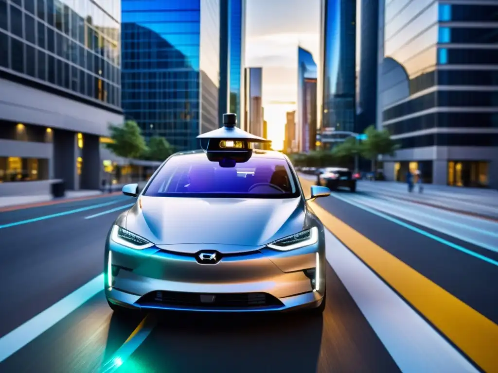 Vehículo autónomo: Tecnología de vanguardia en la ciudad Imagen de alta resolución de un coche autónomo moderno en un entorno urbano complejo, resaltando sus sistemas de conducción autónoma y capacidades