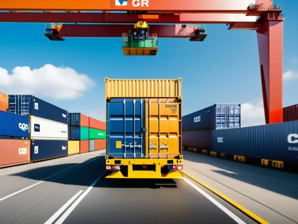 Una imagen de alta resolución muestra un contenedor siendo cargado en un barco en un puerto industrial