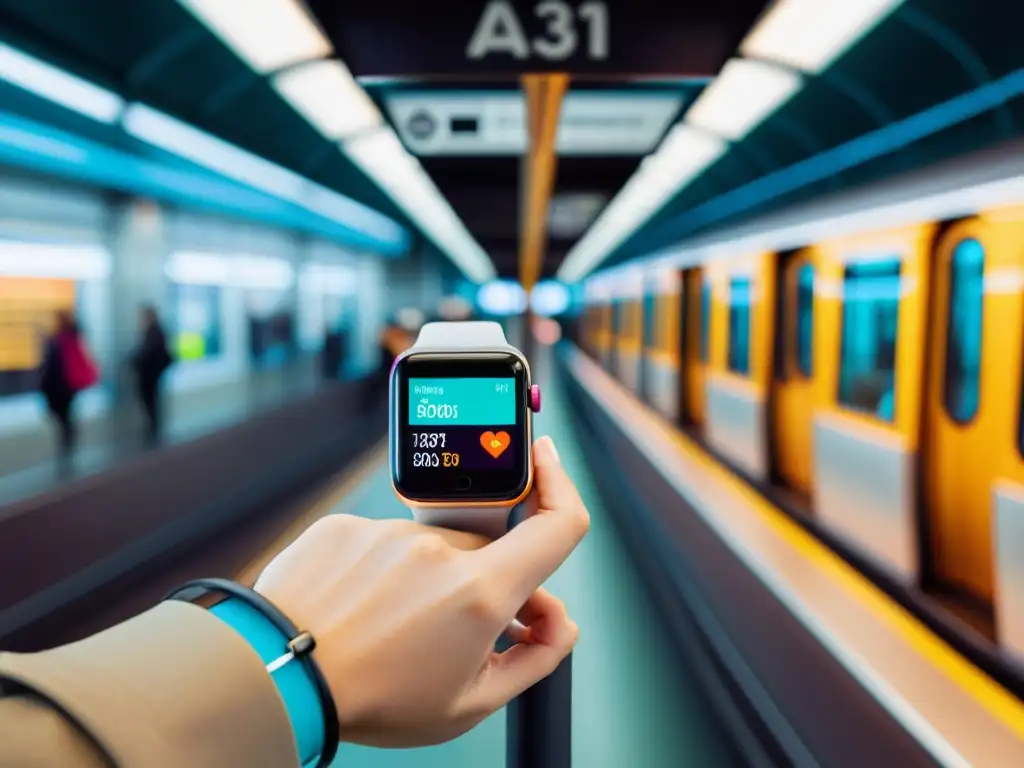 Una imagen de alta resolución muestra a una persona usando un smartwatch con pantalla vibrante en un moderno vagón de metro