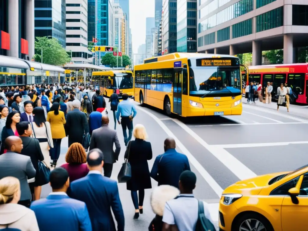 Imagen de gestión de riesgos en transporte: bulliciosa calle urbana con tráfico, autobús público y pasajeros en parada de autobús