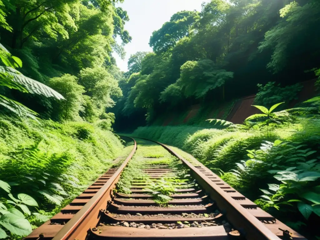 Imagen de una ruta ferroviaria abandonada en una exuberante selva, evocando aventura y exploración