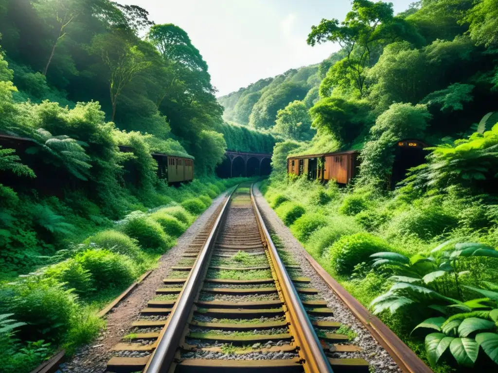 Imagen de rutas ferroviarias abandonadas viajar en tren a través de un bosque exuberante y abandonado, evocando belleza y melancolía