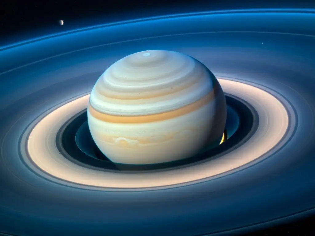 Imagen de Saturno con sus majestuosos anillos y lunas, capturando la belleza del sistema solar y los descubrimientos de Cassini Huygens