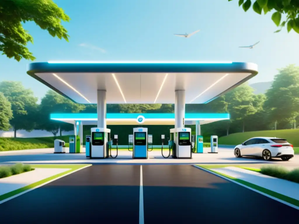 Imagen de estación de servicio del futuro con opciones de combustible variadas y diseño moderno, enfatizando la sostenibilidad