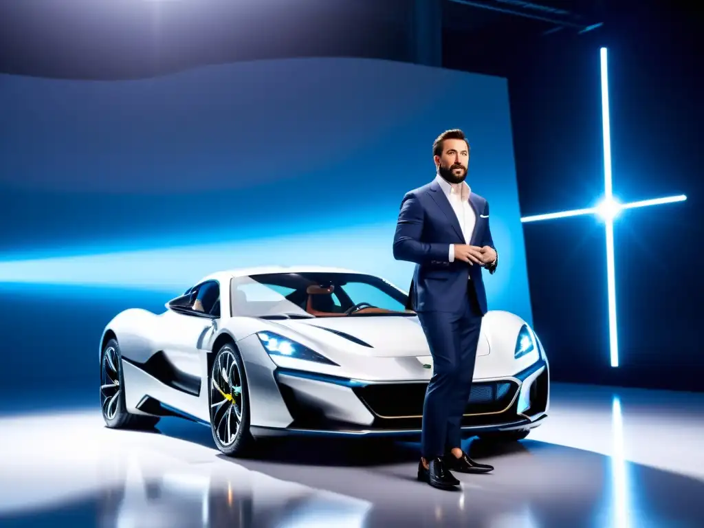 Imagen de alta resolución de Mate Rimac presentando el superdeportivo eléctrico Rimac Nevera, resplandeciente bajo las luces del estudio