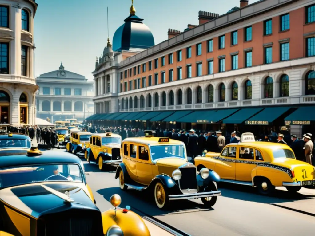 Imagen en sepia de taxis clásicos esperando afuera de una estación de tren, muestra la evolución de los taxis modernos en el siglo XX