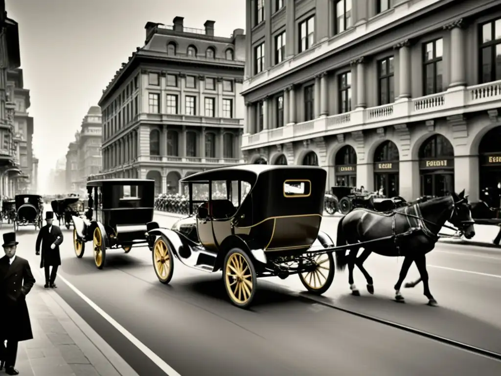 Imagen en sepia de la transición de caballos a motores en las bulliciosas calles de la ciudad del siglo XX