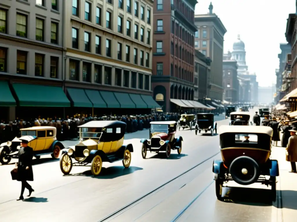 Imagen sepia de transitada calle de ciudad en los años 1900, con coches antiguos, carruajes y personas