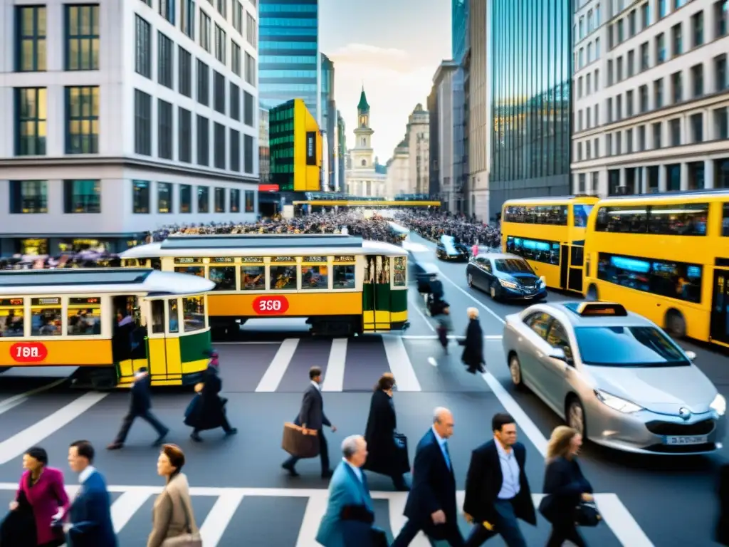 Transformación urbana: de carros de caballos a tranvías eléctricos Una imagen que muestra la evolución del transporte público a lo largo del tiempo en una bulliciosa calle de la ciudad