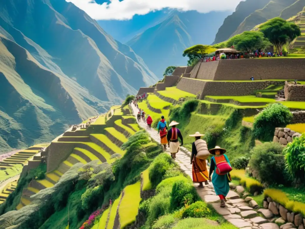 Imagen de transporte sostenible en antiguas culturas: Antigua carretera incaica rodeada de naturaleza, con personas indígenas caminando