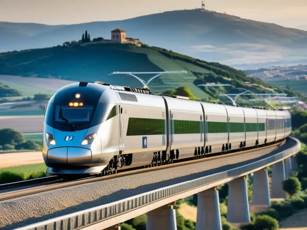 Imagen de un tren AVE de alta velocidad recorriendo el paisaje español, simbolizando la transformación del transporte ferroviario en España