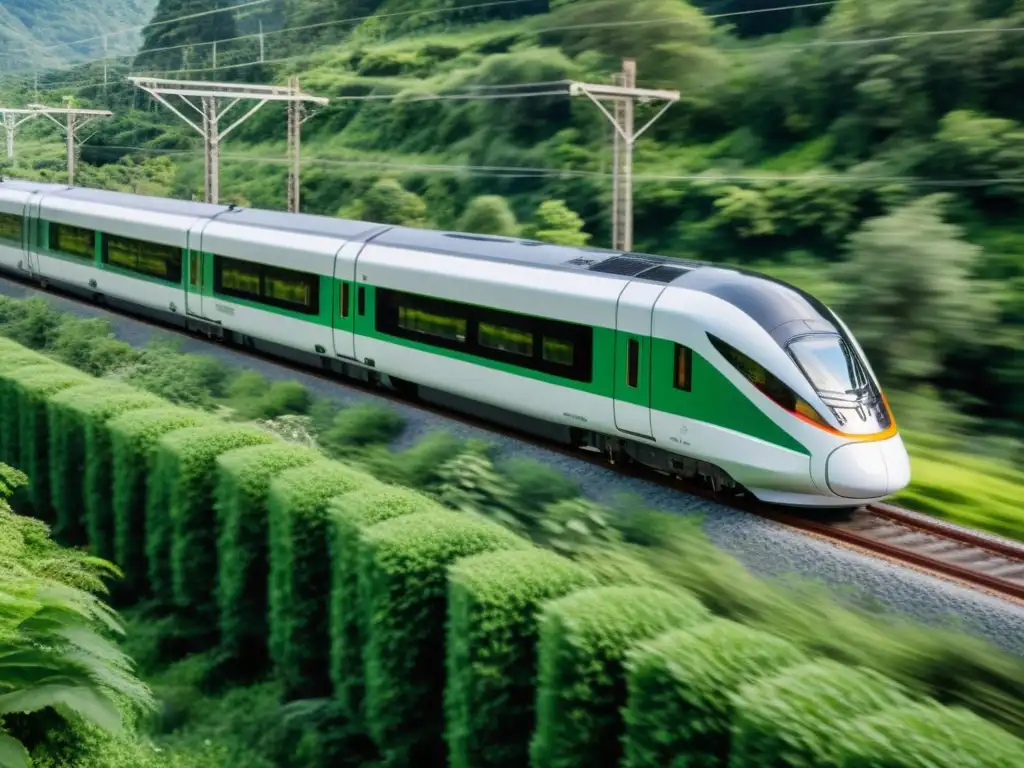 Imagen de tren eléctrico moderno en paisaje verde, destacando normativas ambientales sector ferroviario