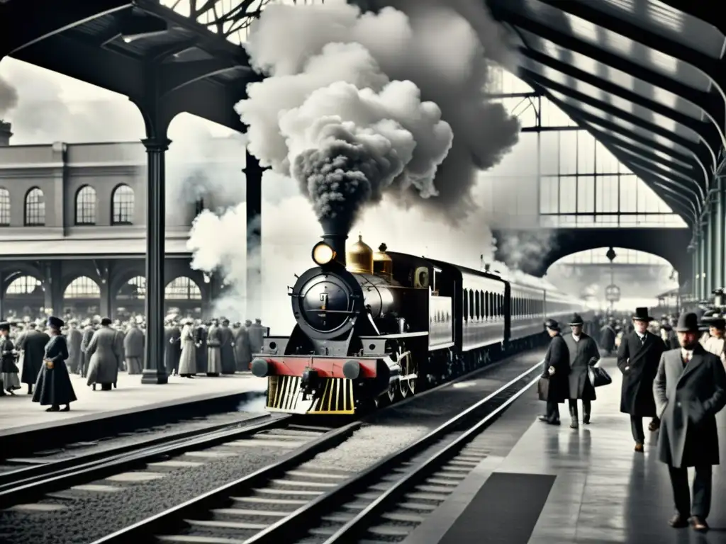 Imagen de la estación de tren durante la revolución industrial, con vapor y multitudes, capturando la historia social y el desarrollo de los medios de transporte