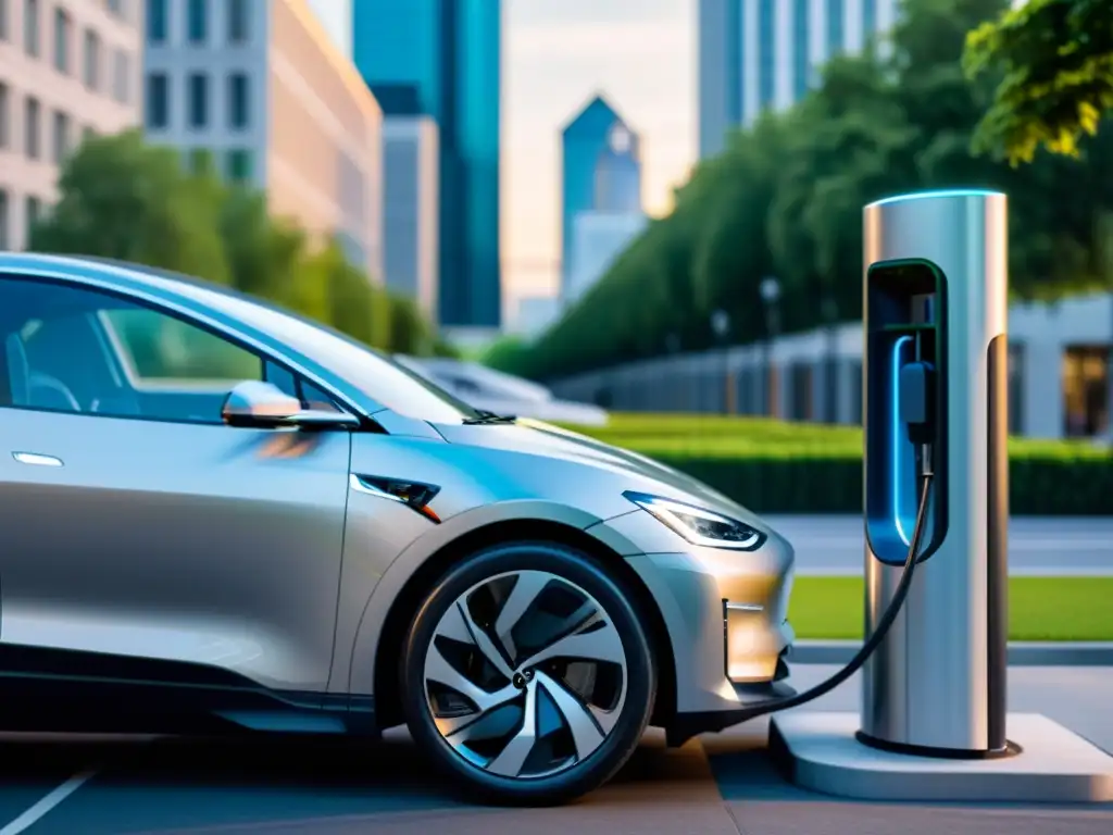 Imagen de un vehículo eléctrico en una ciudad, cargando en una estación moderna