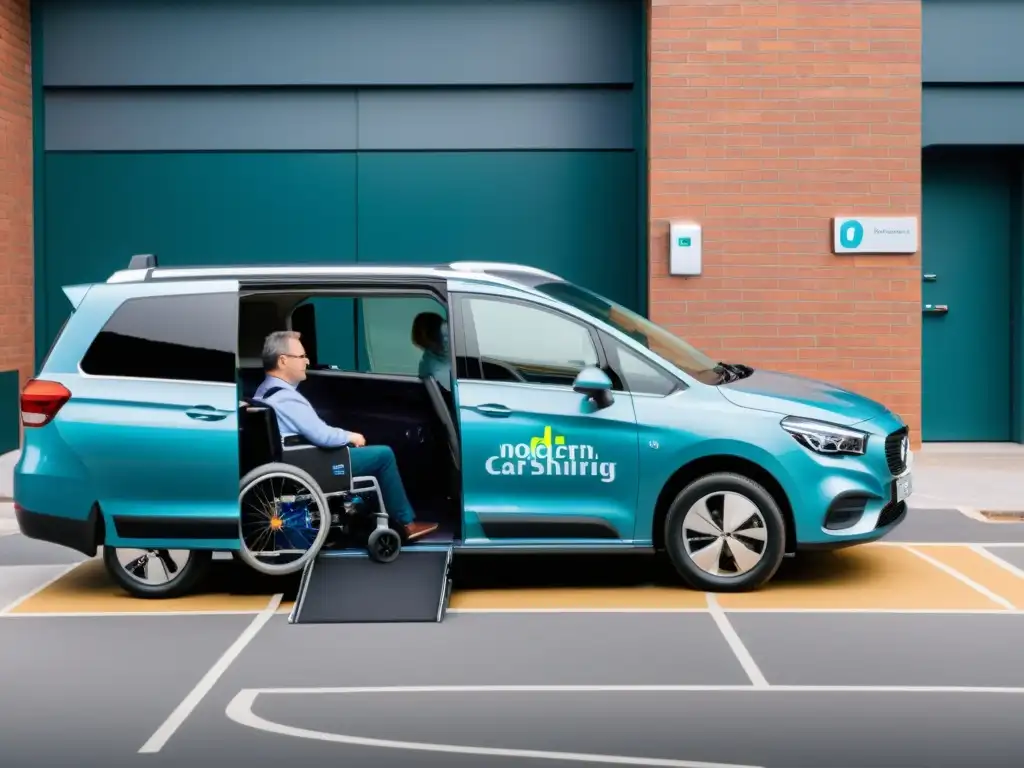 Imagen de un vehículo moderno de car sharing con elevador para silla de ruedas, promoviendo la inclusión y la accesibilidad