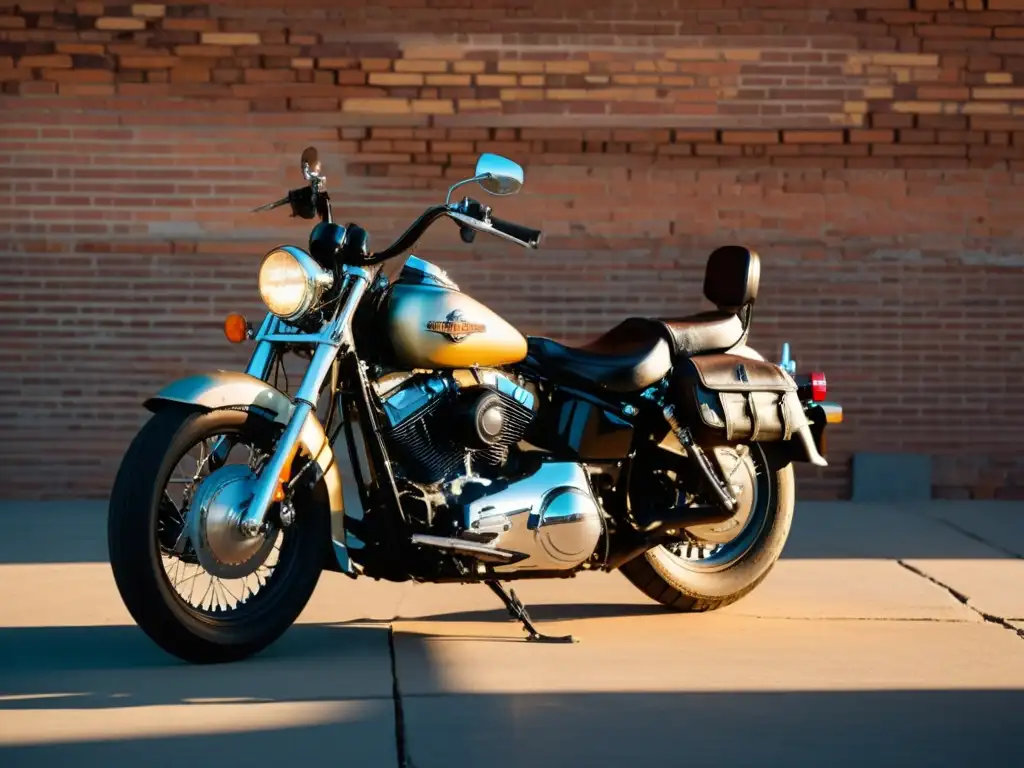 Una impactante Harley Davidson vintage destaca frente a una pared de ladrillos desgastada, bañada por la luz dorada del atardecer