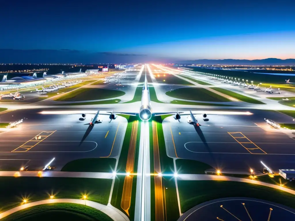 Una impactante vista aérea nocturna de un aeropuerto bullicioso