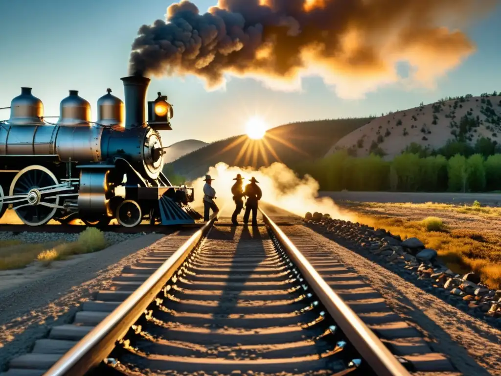 Impacto legislativo del ferrocarril transcontinental: trabajadores laying down vías en la vasta naturaleza americana al atardecer, con vapor de locomotora y una cálida luz solar