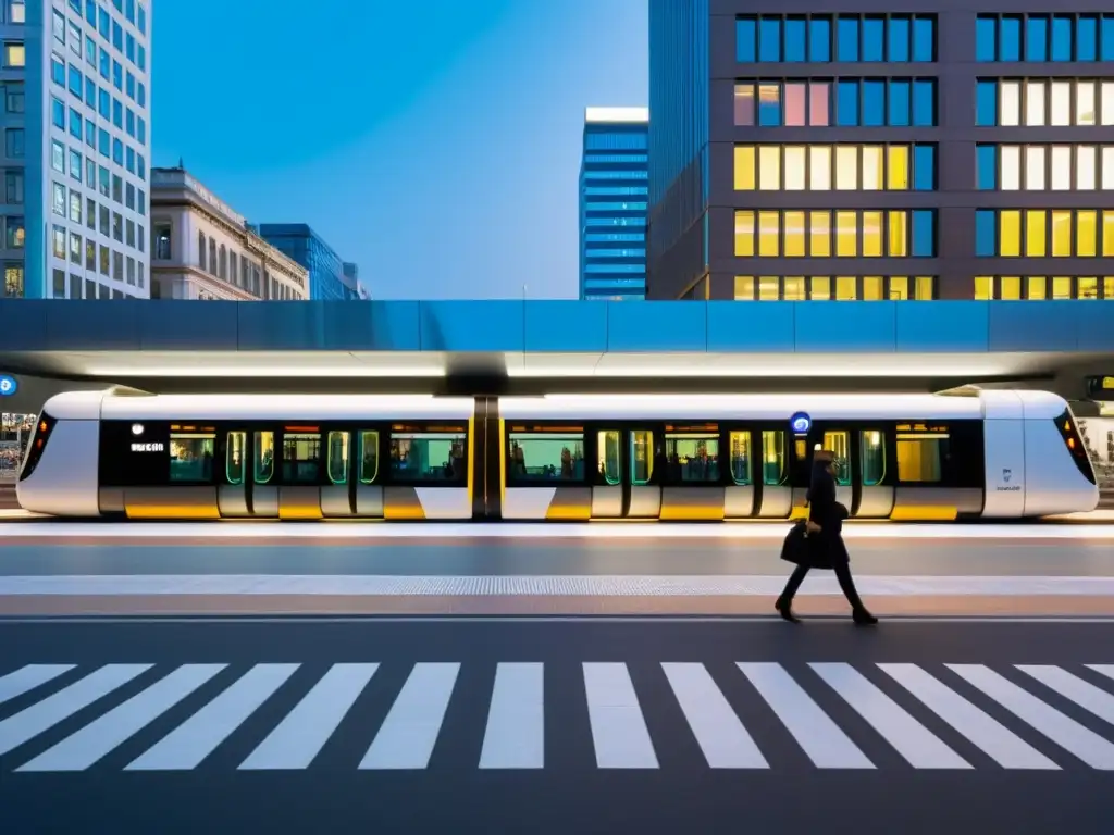 Impacto del metro en ciudades: Entrada moderna del metro integrada en una bulliciosa calle urbana, con una energía vibrante y diversidad de viajeros