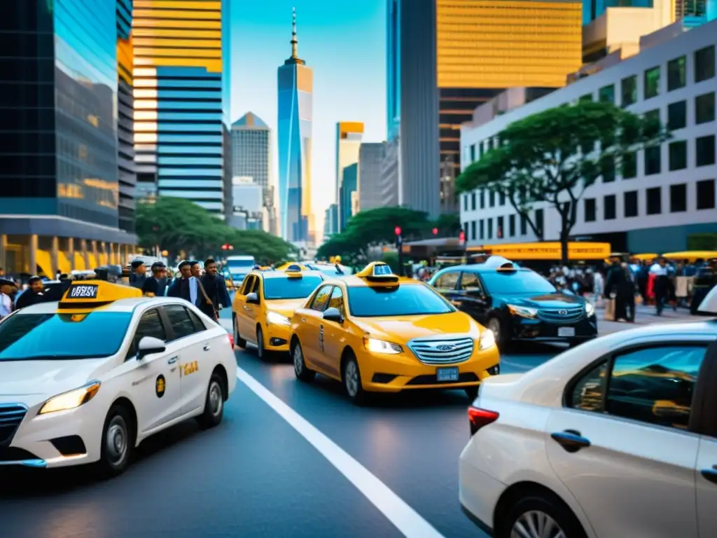 Vida urbana dinámica: taxis y ridesharing en la ciudad El impacto del ride sharing en ciudades: escena urbana dinámica con taxis tradicionales y vehículos de ride sharing, peatones y edificios altos