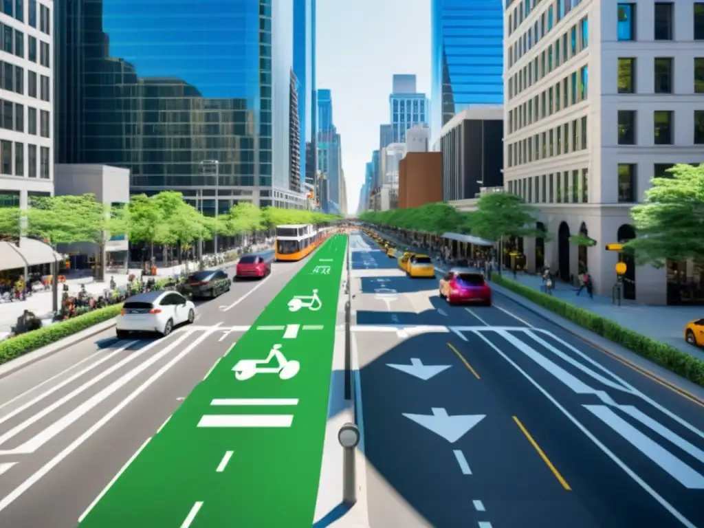 Integración de transporte sostenible en la ciudad Impacto del ride sharing en ciudades: Integración sostenible de vehículos eléctricos, bicicletas y scooters en bulliciosa calle urbana