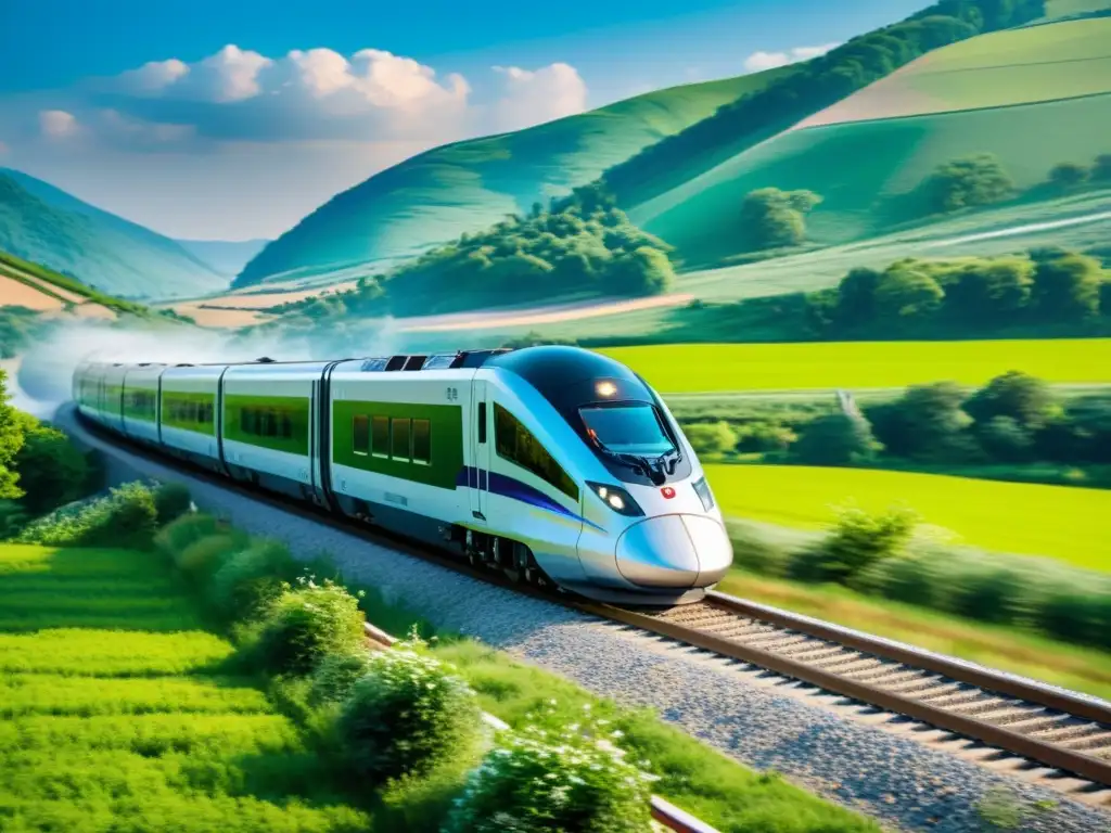 Impacto del tren de alta velocidad en el turismo: Un moderno tren de alta velocidad surca el campo, fusionando tecnología y belleza natural