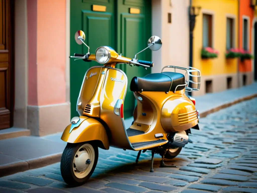 Una Vespa vintage impecable, bañada por la cálida luz del sol en una calle italiana, evoca el renacimiento de la Vespa: evolución del estilo